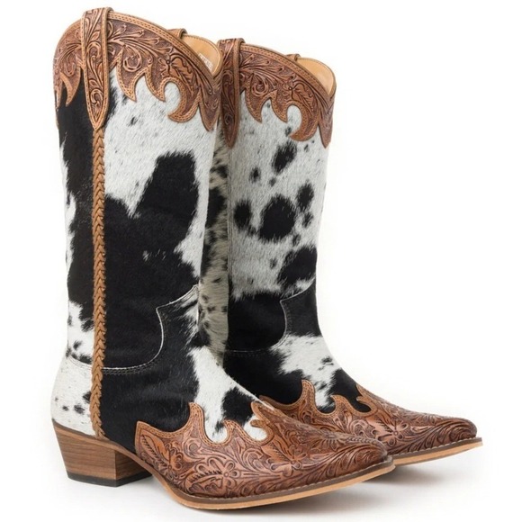 Myra Bag Shoes - Myra Bag Adelaide Hair On Hide Tooled Leather Western Cowboy Boots Size 9 NWT